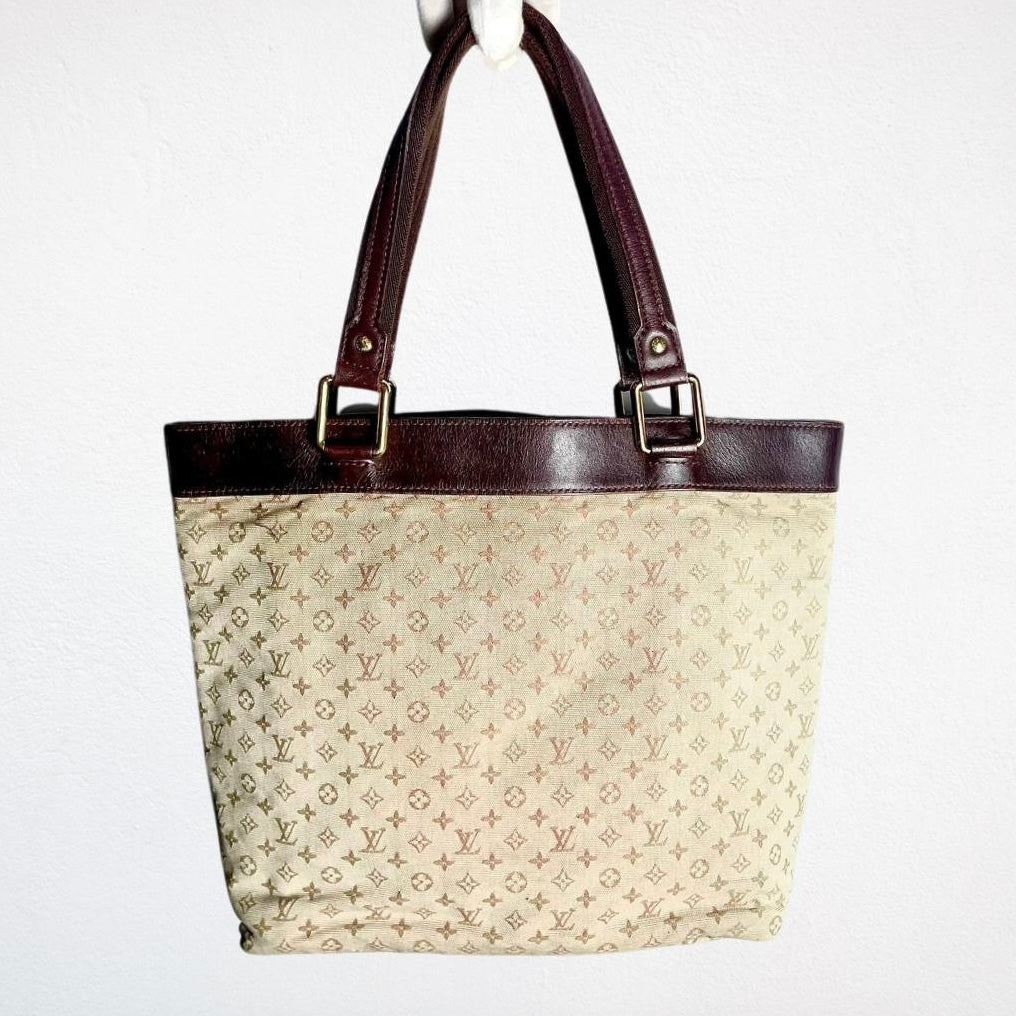 Louis Vuitton LV Mini Lin Lucille Brown / Beige GHW Monogram Logo Shopper Shoulder Tote Bag