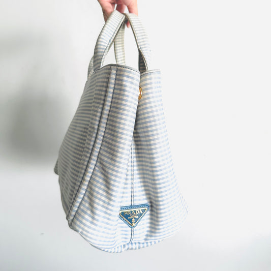 Prada Blue / White Gingham GHW Canapa Classic Logo Tessuto Structured 2-Way Shopper Shoulder Sling Tote Bag