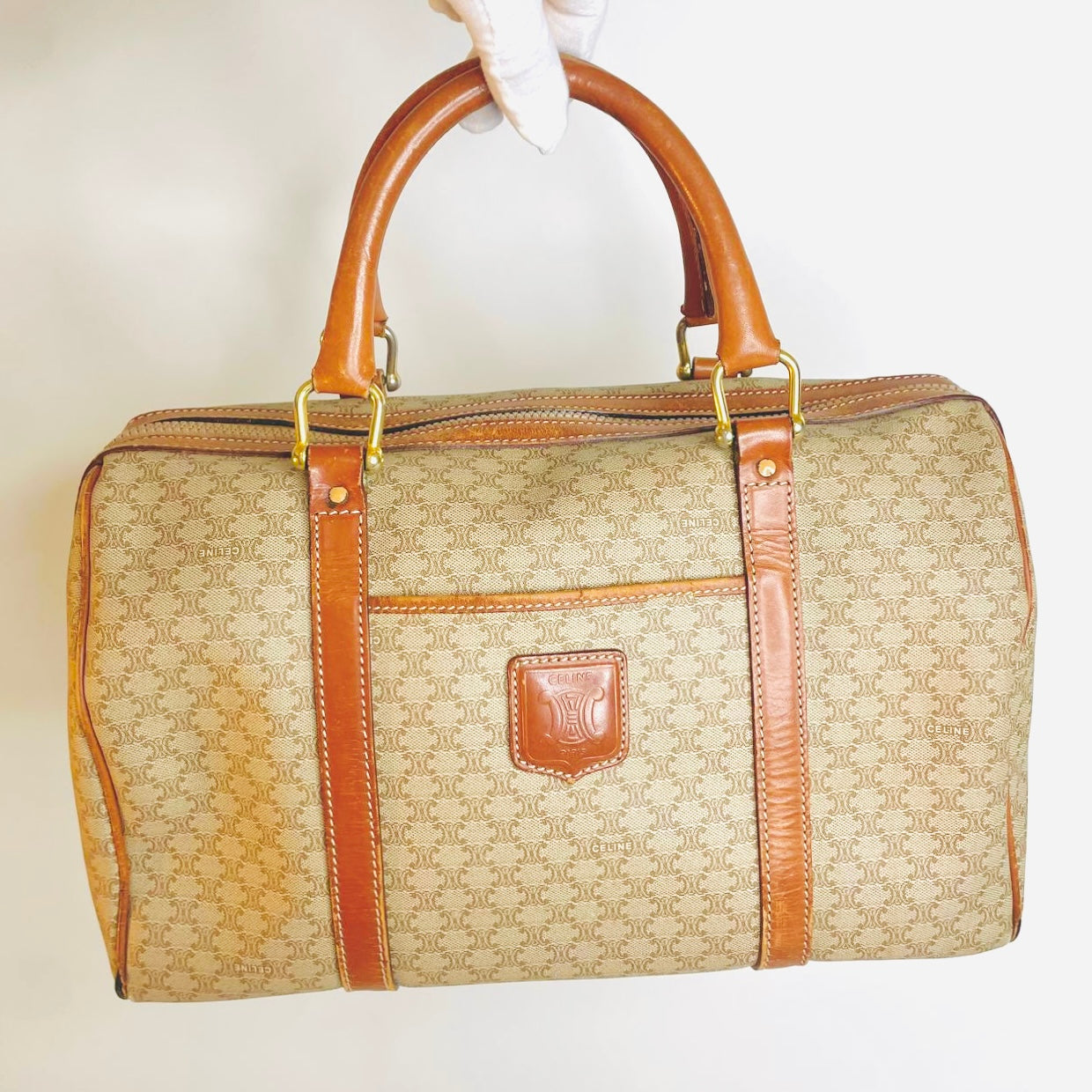 Celine Beige Triomphe Macadam Monogram Logo GHW Boston 35 Speedy Vintage Bag