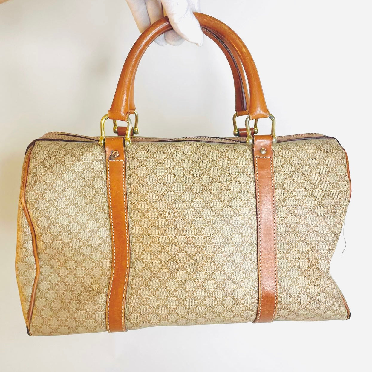 Celine Beige Triomphe Macadam Monogram Logo GHW Boston 35 Speedy Vintage Bag