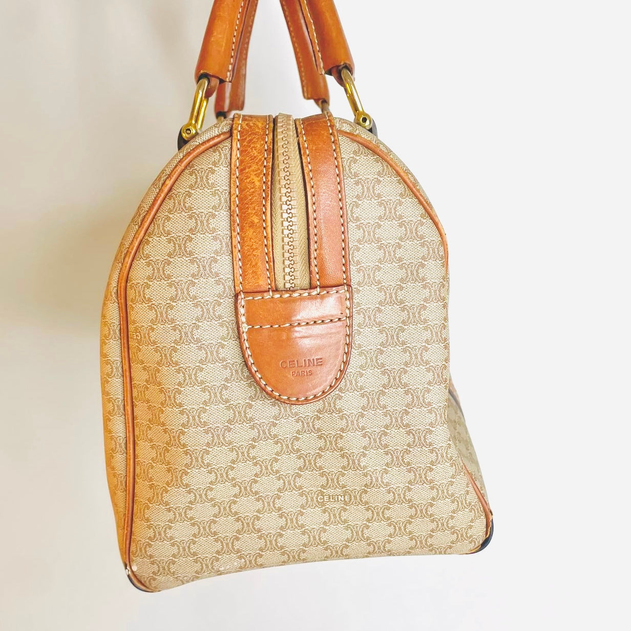 Celine Beige Triomphe Macadam Monogram Logo GHW Boston 35 Speedy Vintage Bag