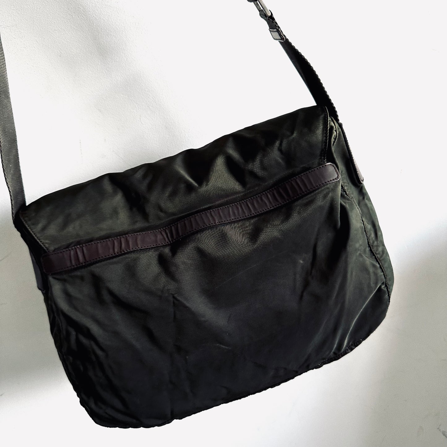 Prada Dark Khaki Tessuto Classic Monogram Logo Nylon & Leather Flap Shoulder Sling Bag