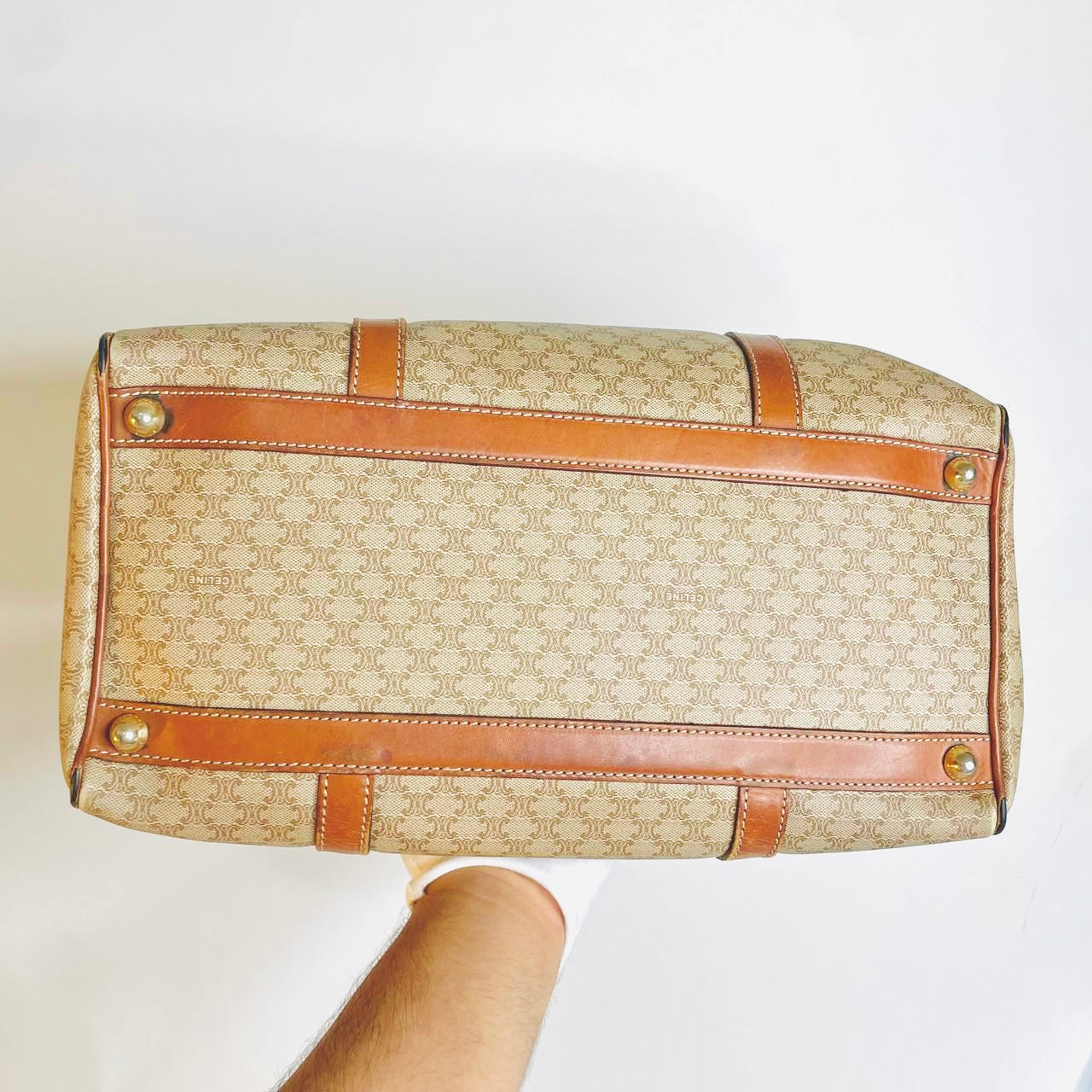 Celine Beige Triomphe Macadam Monogram Logo GHW Boston 35 Speedy Vintage Bag