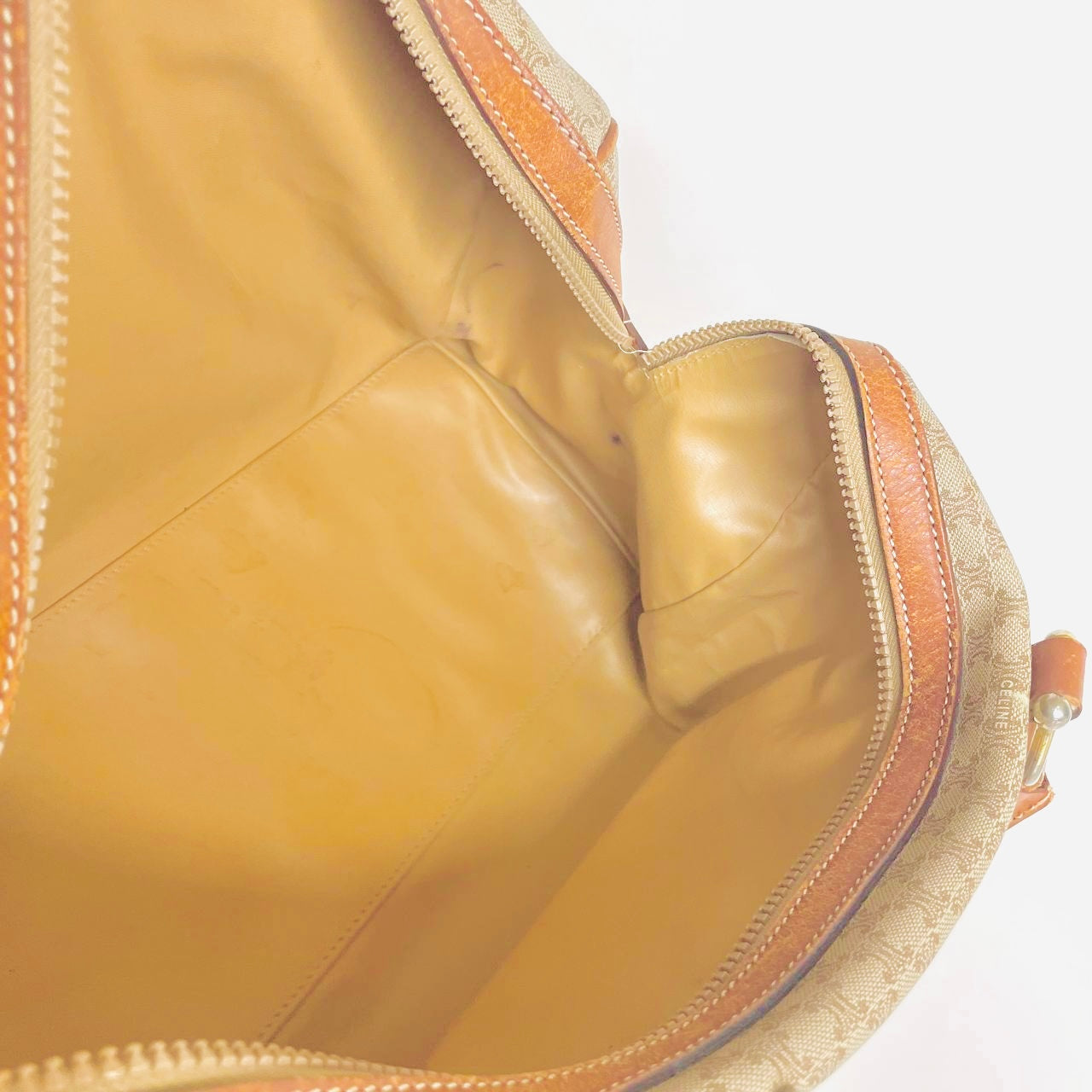 Celine Beige Triomphe Macadam Monogram Logo GHW Boston 35 Speedy Vintage Bag