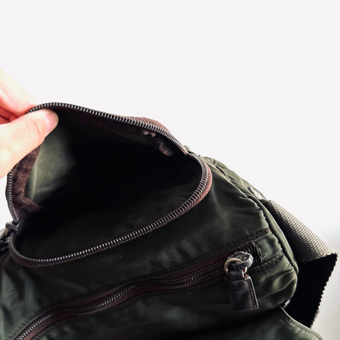 Prada Dark Khaki Tessuto Classic Monogram Logo Nylon & Leather Flap Shoulder Sling Bag