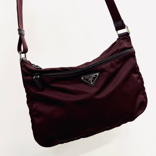 Prada Maroon Burgundy Red Vela Sport Utility Monogram Logo Nylon & Leather Camera Shoulder Sling Bag