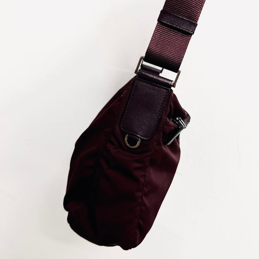 Prada Maroon Burgundy Red Vela Sport Utility Monogram Logo Nylon & Leather Camera Shoulder Sling Bag