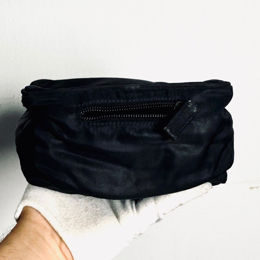 Prada Black Tessuto Monogram Logo Top Handle Hobo Pochette Vanity Case Bag