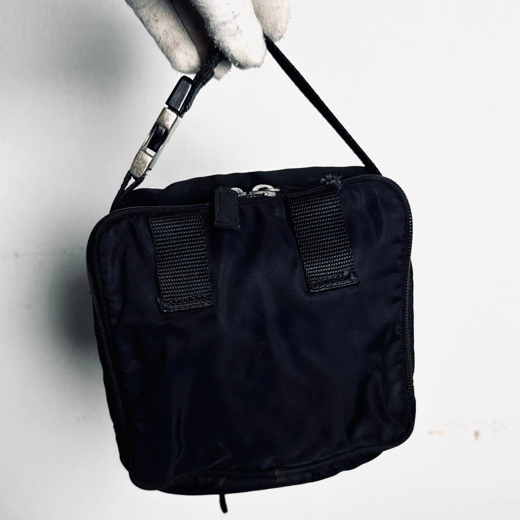 Prada Black Tessuto Monogram Logo Top Handle Hobo Pochette Vanity Case Bag