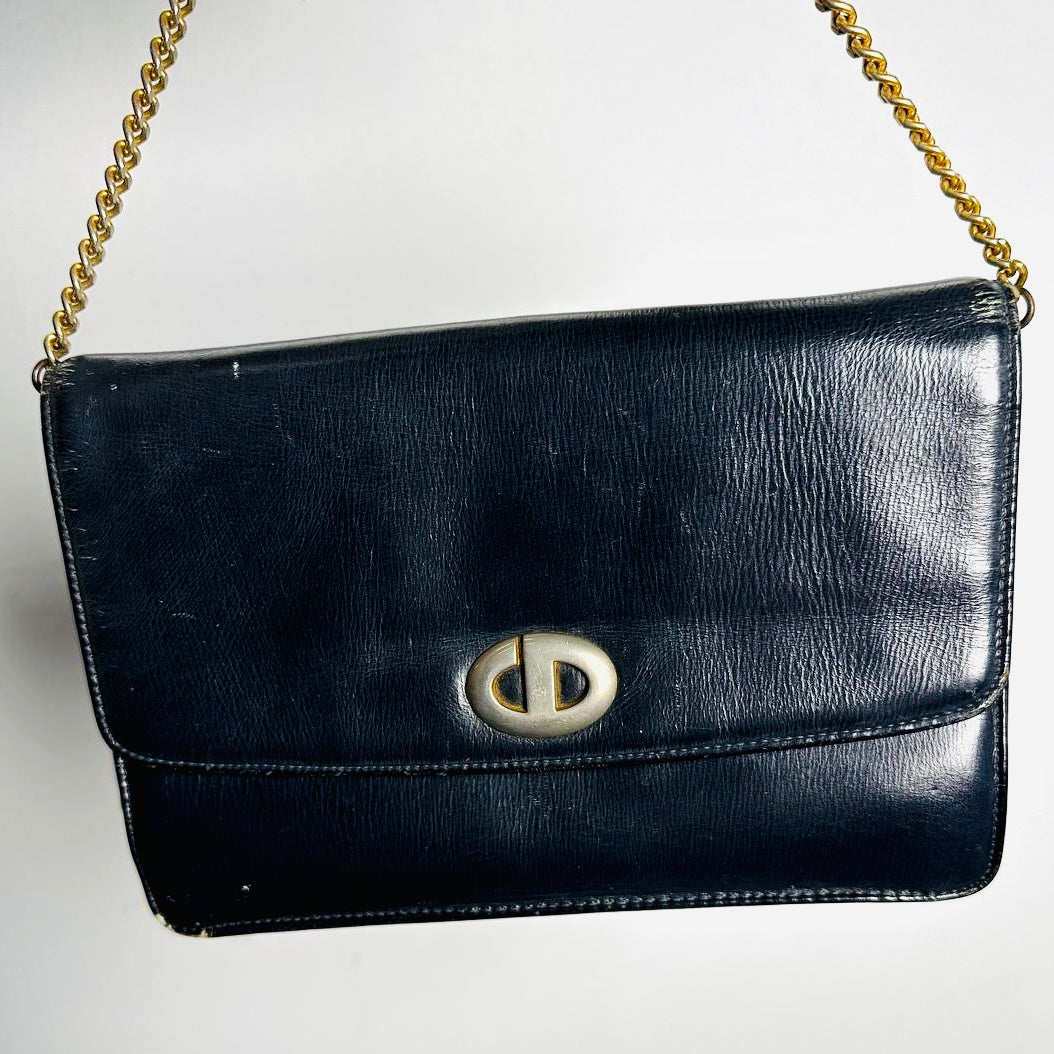 Christian Dior CD Black GHW Monogram Logo Leather Vintage Flap Shoulder Sling Bag