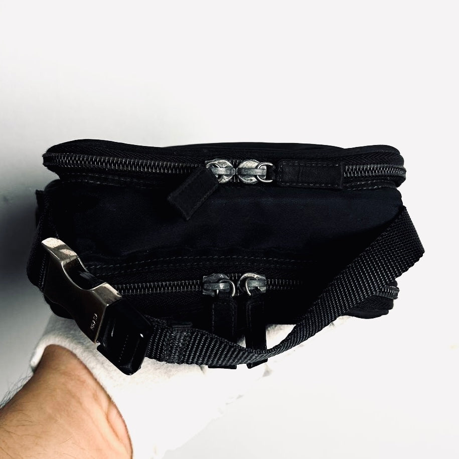 Prada Black Tessuto Monogram Logo Top Handle Hobo Pochette Vanity Case Bag