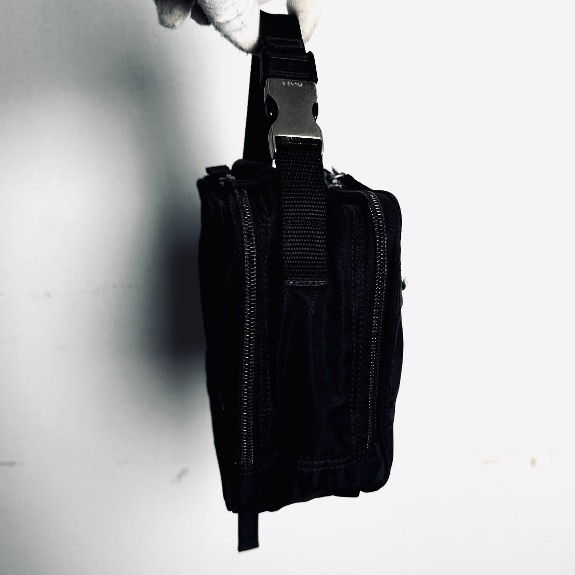 Prada Black Tessuto Monogram Logo Top Handle Hobo Pochette Vanity Case Bag