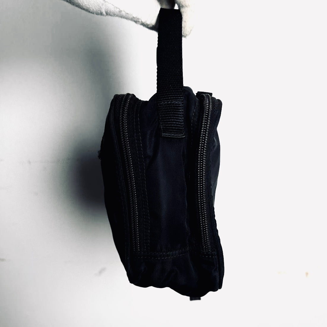 Prada Black Tessuto Monogram Logo Top Handle Hobo Pochette Vanity Case Bag