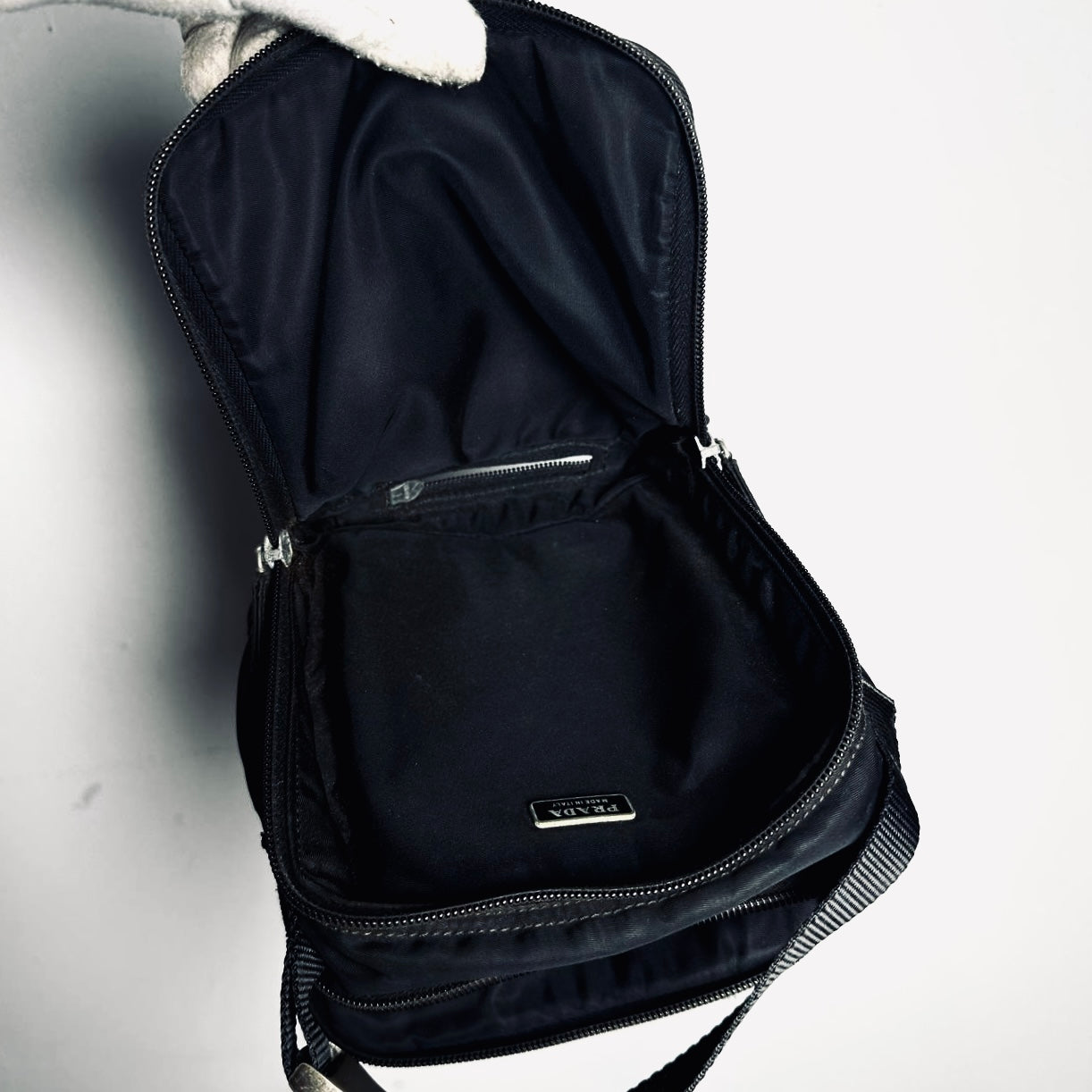 Prada Black Tessuto Monogram Logo Top Handle Hobo Pochette Vanity Case Bag