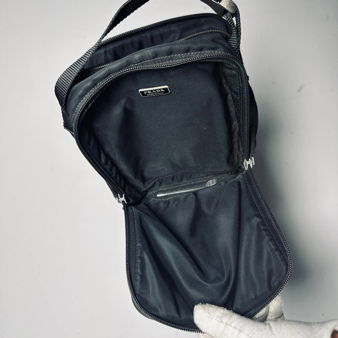 Prada Black Tessuto Monogram Logo Top Handle Hobo Pochette Vanity Case Bag