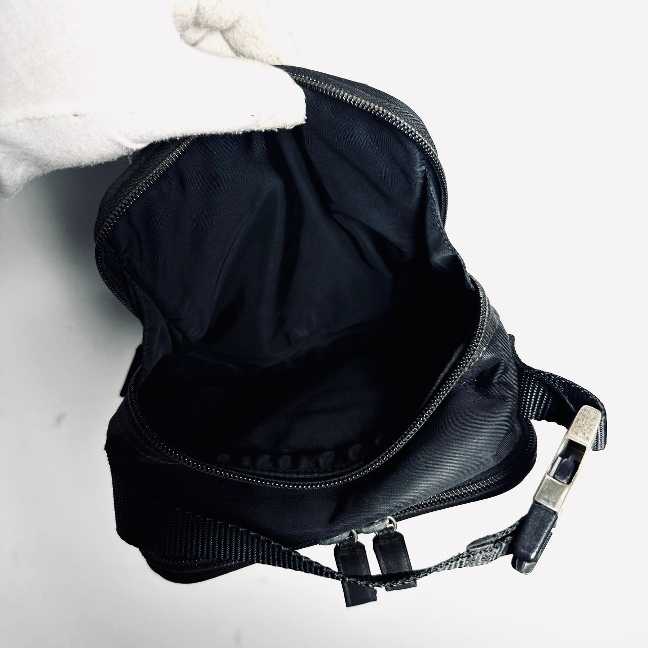 Prada Black Tessuto Monogram Logo Top Handle Hobo Pochette Vanity Case Bag