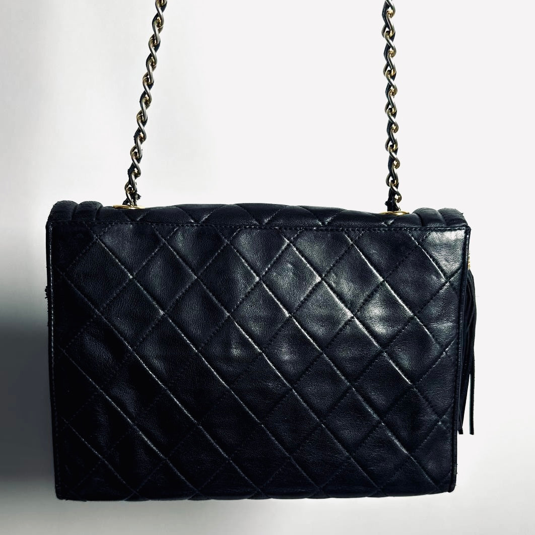 Chanel Black GHW CC Monogram Logo Tassel Fringe Quilted Lambskin Flap Vintage Shoulder Sling Bag 1s