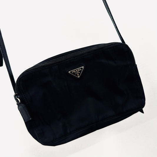 Prada Black Tessuto Monogram Logo Classic Nylon & Leather Double Zip Shoulder Sling Camera Bag