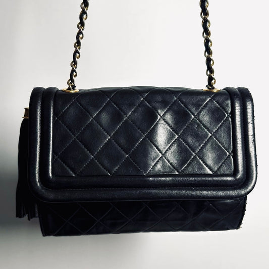 Chanel Black GHW CC Monogram Logo Tassel Fringe Quilted Lambskin Flap Vintage Shoulder Sling Bag 1s