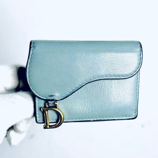 Christian Dior CD Cloud Grey Blue GHW Saddle Lotus Oblique Monogram Logo Flap Compact Trifold Wallet
