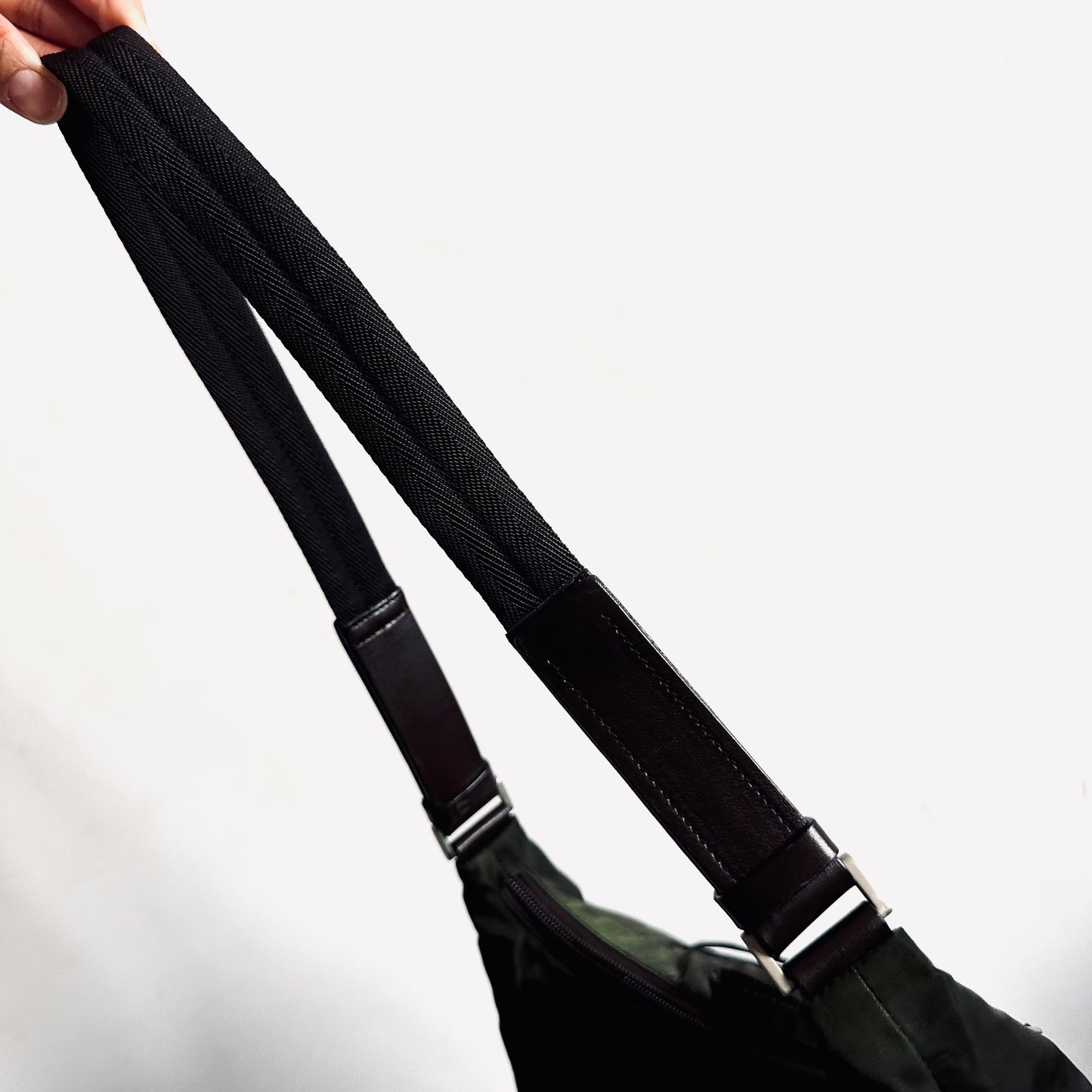 Prada Ebano Tessuto Tec Nylon Classic Logo Hobo Baguette Shoulder Sling Bag