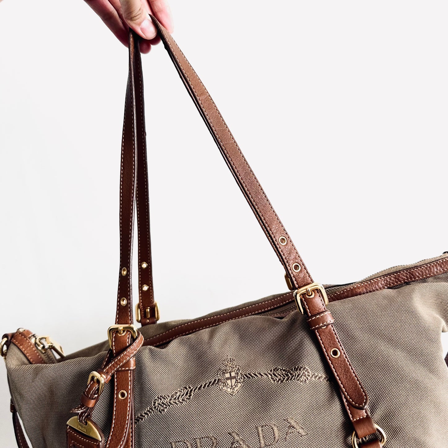 Prada Jacquard Brown GHW Classic Monogram Logo 2-Way Shopper Shoulder Sling Tote Bag