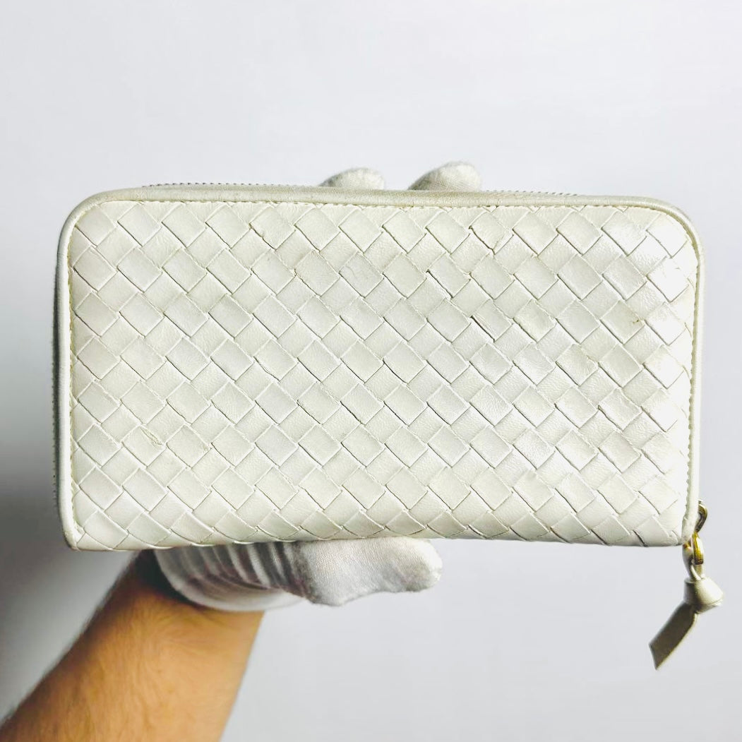 Bottega Veneta BV Continental White GHW Intrecciato Nappa Woven Leather Zip Around Zippy Long Wallet