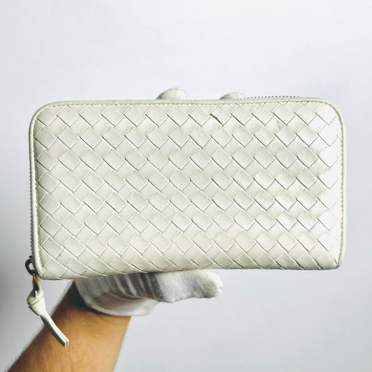Bottega Veneta BV Continental White GHW Intrecciato Nappa Woven Leather Zip Around Zippy Long Wallet