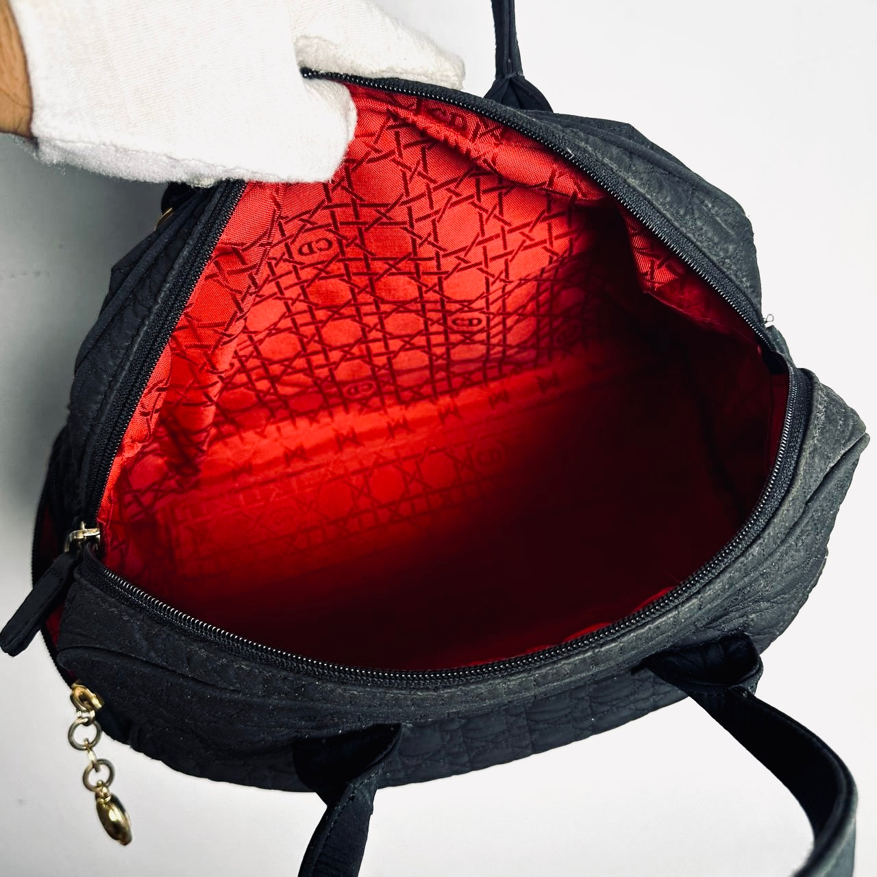 Christian Dior CD Black GHW Lady Dior Cannage Quilted Nylon Top Handle Boston Shopper Tote Bag