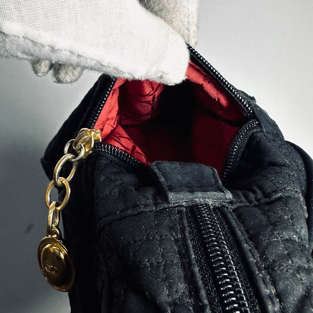 Christian Dior CD Black GHW Lady Dior Cannage Quilted Nylon Top Handle Boston Shopper Tote Bag