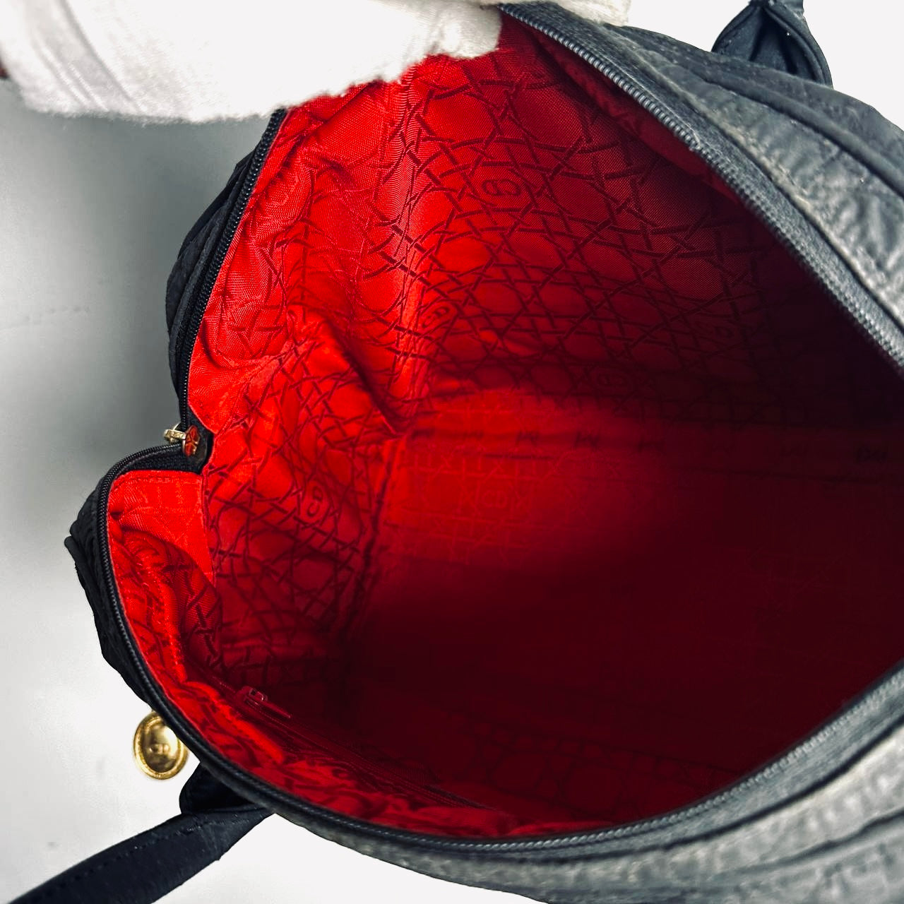 Christian Dior CD Black GHW Lady Dior Cannage Quilted Nylon Top Handle Boston Shopper Tote Bag