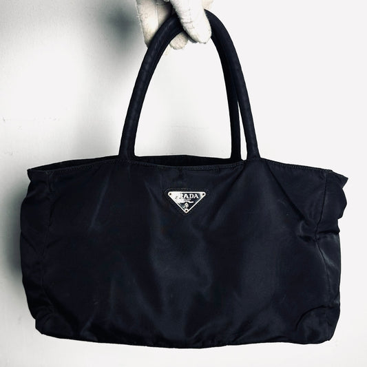 Prada Black Tessuto Classic Monogram Logo Shopper City Nylon Shoulder Tote Bag