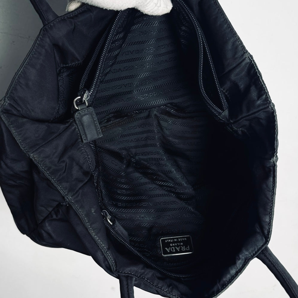 Prada Black Tessuto Classic Monogram Logo Shopper City Nylon Shoulder Tote Bag