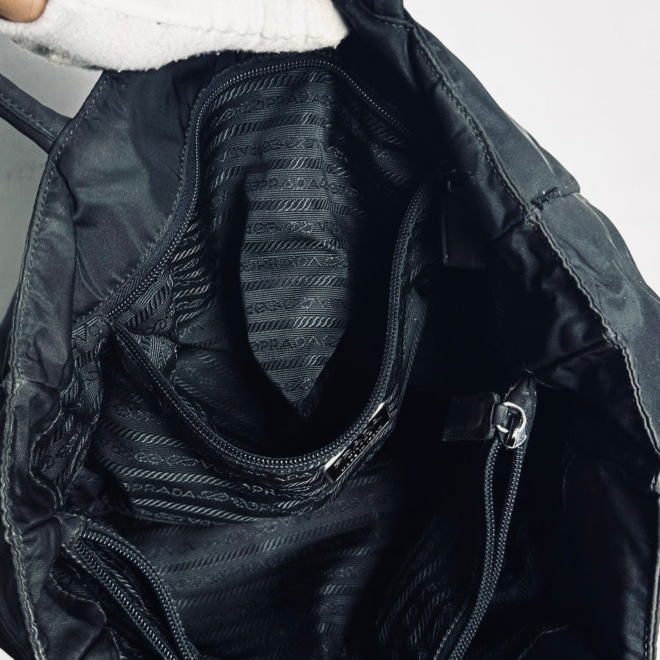 Prada Black Tessuto Classic Monogram Logo Shopper City Nylon Shoulder Tote Bag