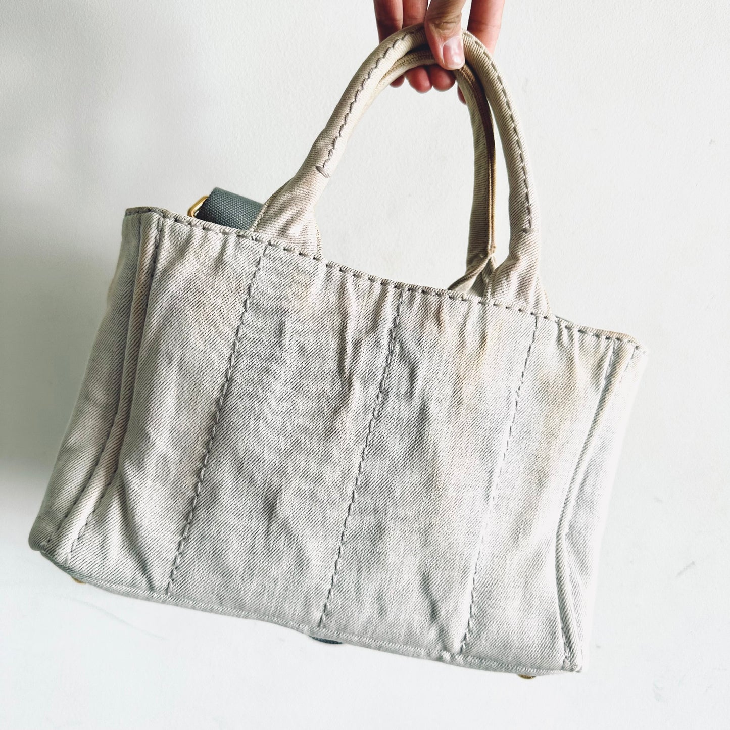 Prada Light Denim Bianco GHW Canapa Small Classic Logo 2-Way Structured Shopper Shoulder Sling Tote Bag