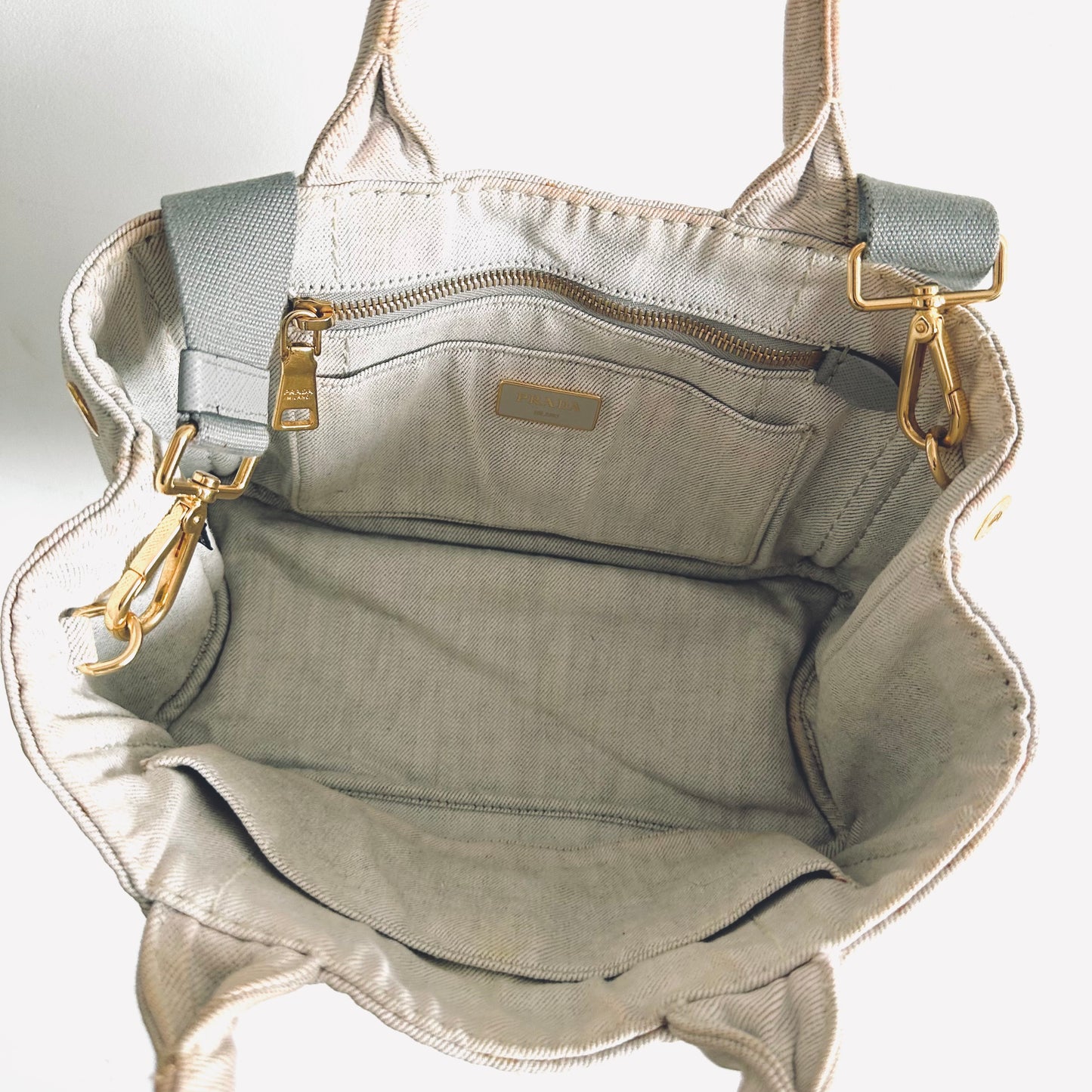 Prada Light Denim Bianco GHW Canapa Small Classic Logo 2-Way Structured Shopper Shoulder Sling Tote Bag