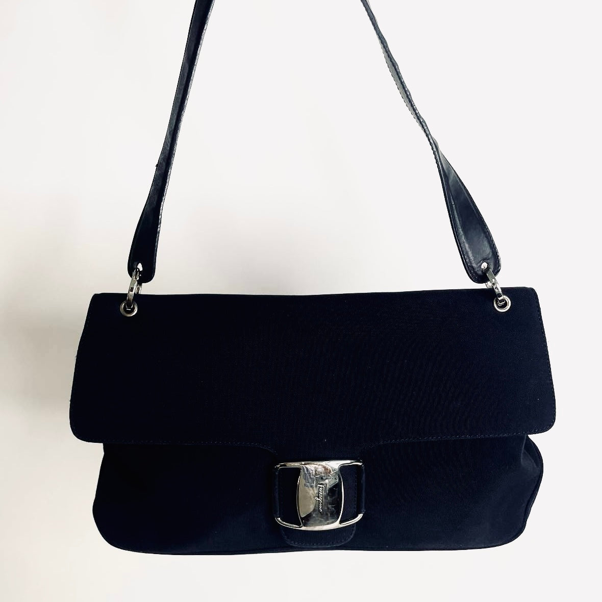 Salvatore Ferragamo Black Vara Bow Monogram Logo Hobo Baguette Flap Shoulder Bag