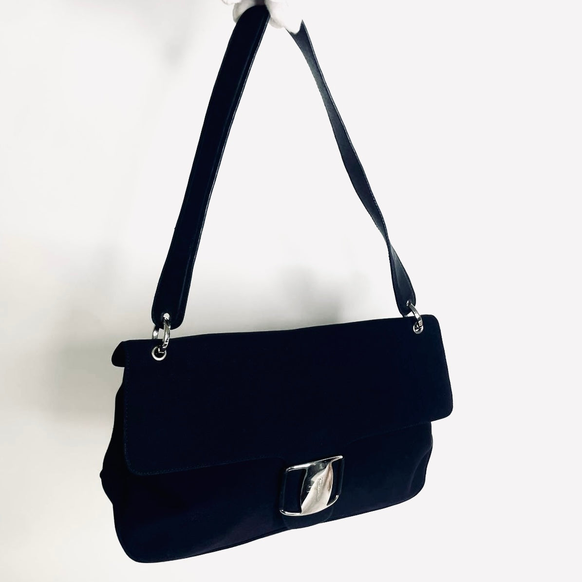 Salvatore Ferragamo Black Vara Bow Monogram Logo Hobo Baguette Flap Shoulder Bag