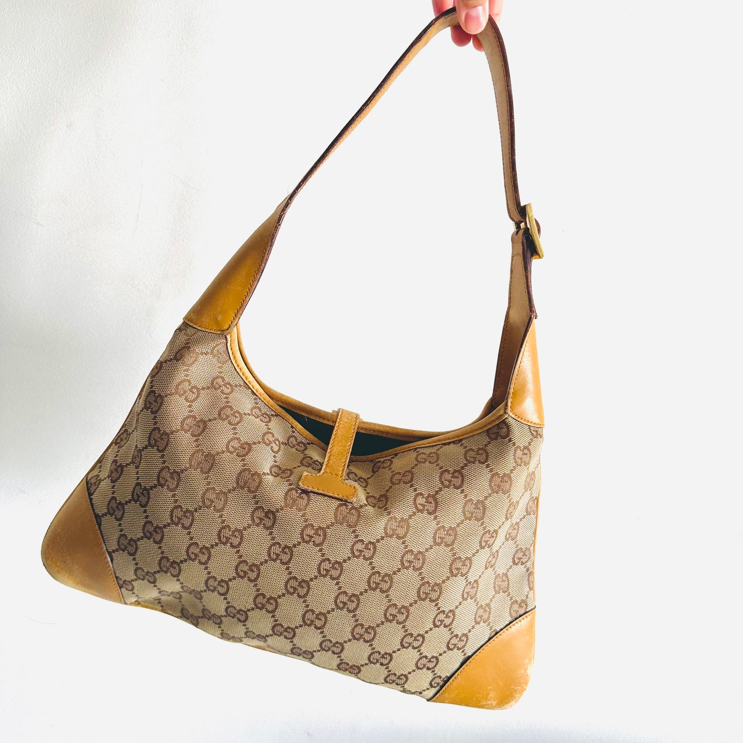 Gucci Jackie Beige GHW GG Monogram Logo Web Striped Hobo Baguette Shoulder Bag