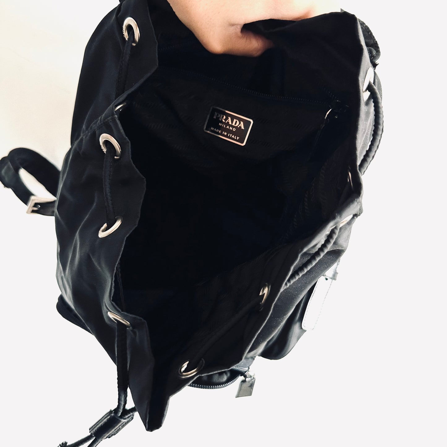 Prada Tessuto Black Monogram Logo Classic Nylon & Leather Backpack Bag