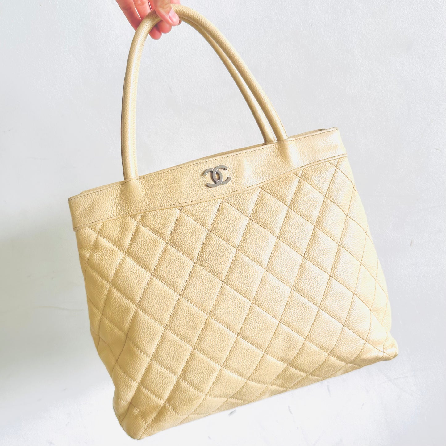 Chanel Beige CC Monogram Logo Quilted Caviar Leather Shoulder Shopper Tote Bag