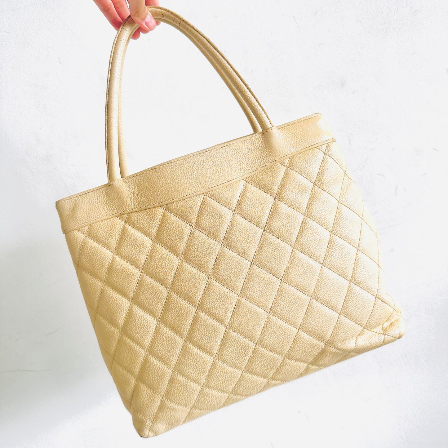 Chanel Beige CC Monogram Logo Quilted Caviar Leather Shoulder Shopper Tote Bag