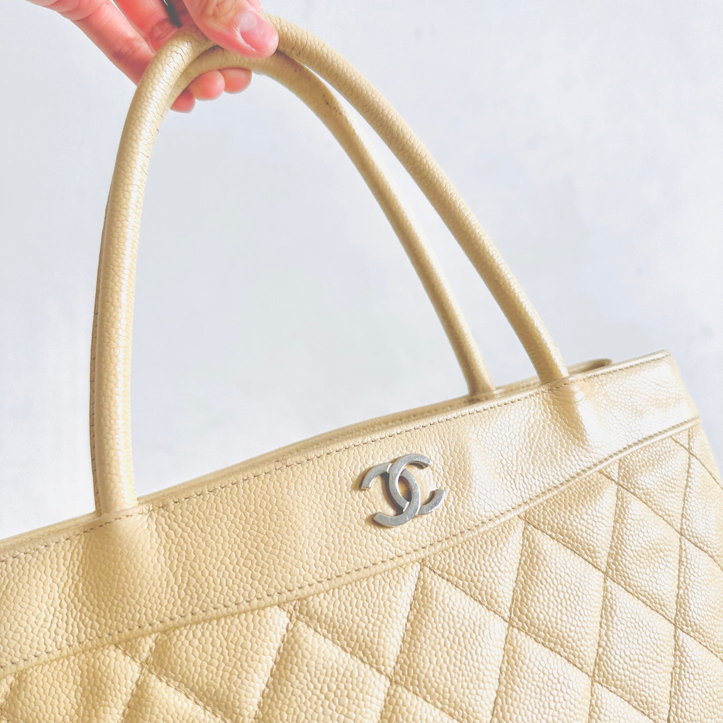 Chanel Beige CC Monogram Logo Quilted Caviar Leather Shoulder Shopper Tote Bag