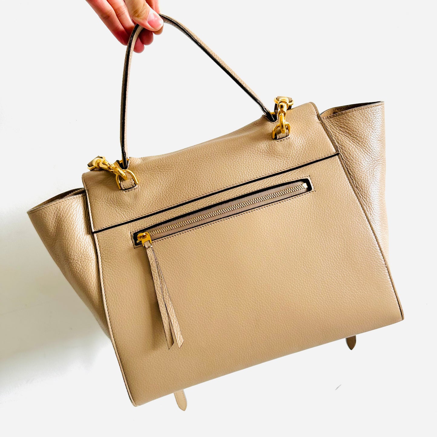 Celine Light Taupe Mini Belt Bag 2-Way Monogram Grained Calfskin Leather Top Handle Shoulder Sling Bag