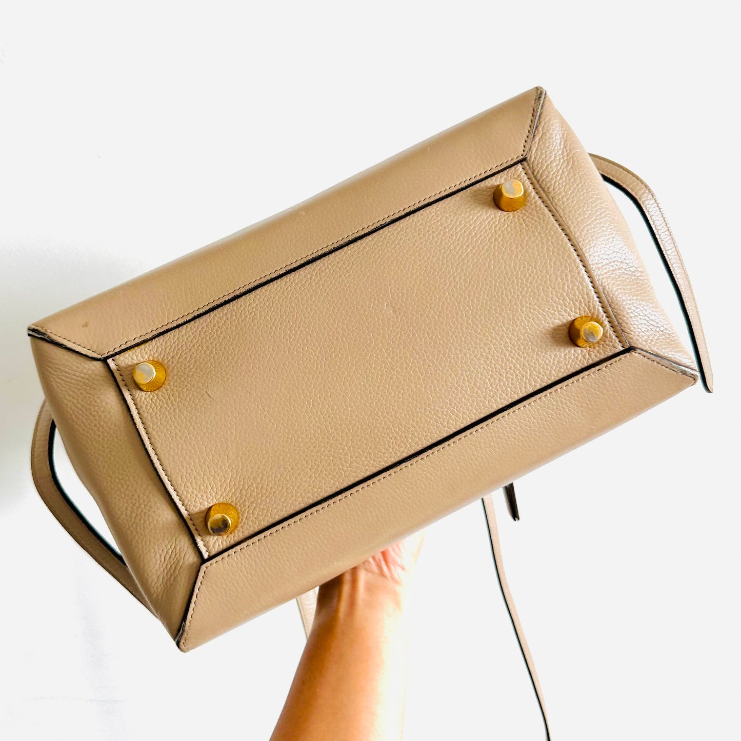 Celine Light Taupe Mini Belt Bag 2-Way Monogram Grained Calfskin Leather Top Handle Shoulder Sling Bag