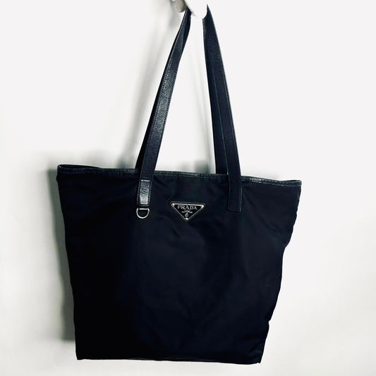 Prada Black Tessuto Classic Logo Nylon Shoulder Shopper Tote Bag
