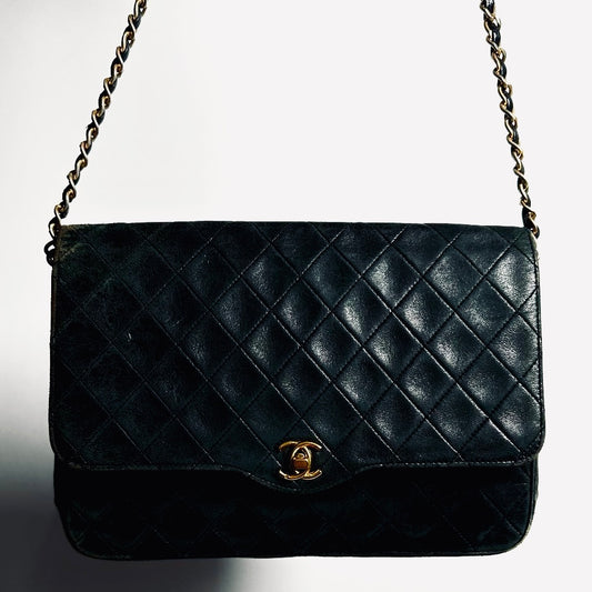 Chanel Black GHW CC Monogram Logo Turnlock Single Flap Quilted Lambskin Vintage Shoulder Sling Bag Pre Series