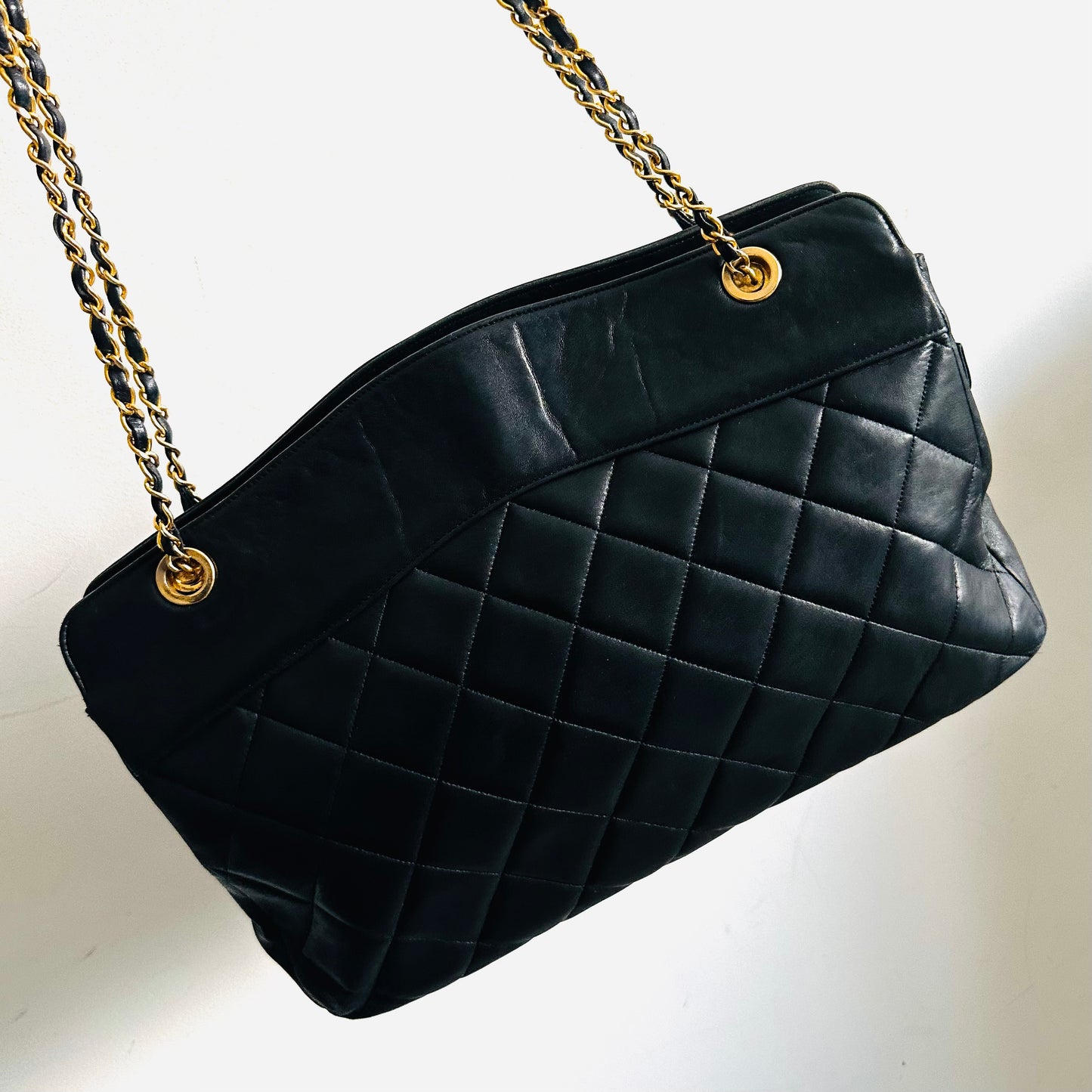 Chanel CC Black GHW Quilted Lambskin Chain Shoulder Sling Tote Bag 1s