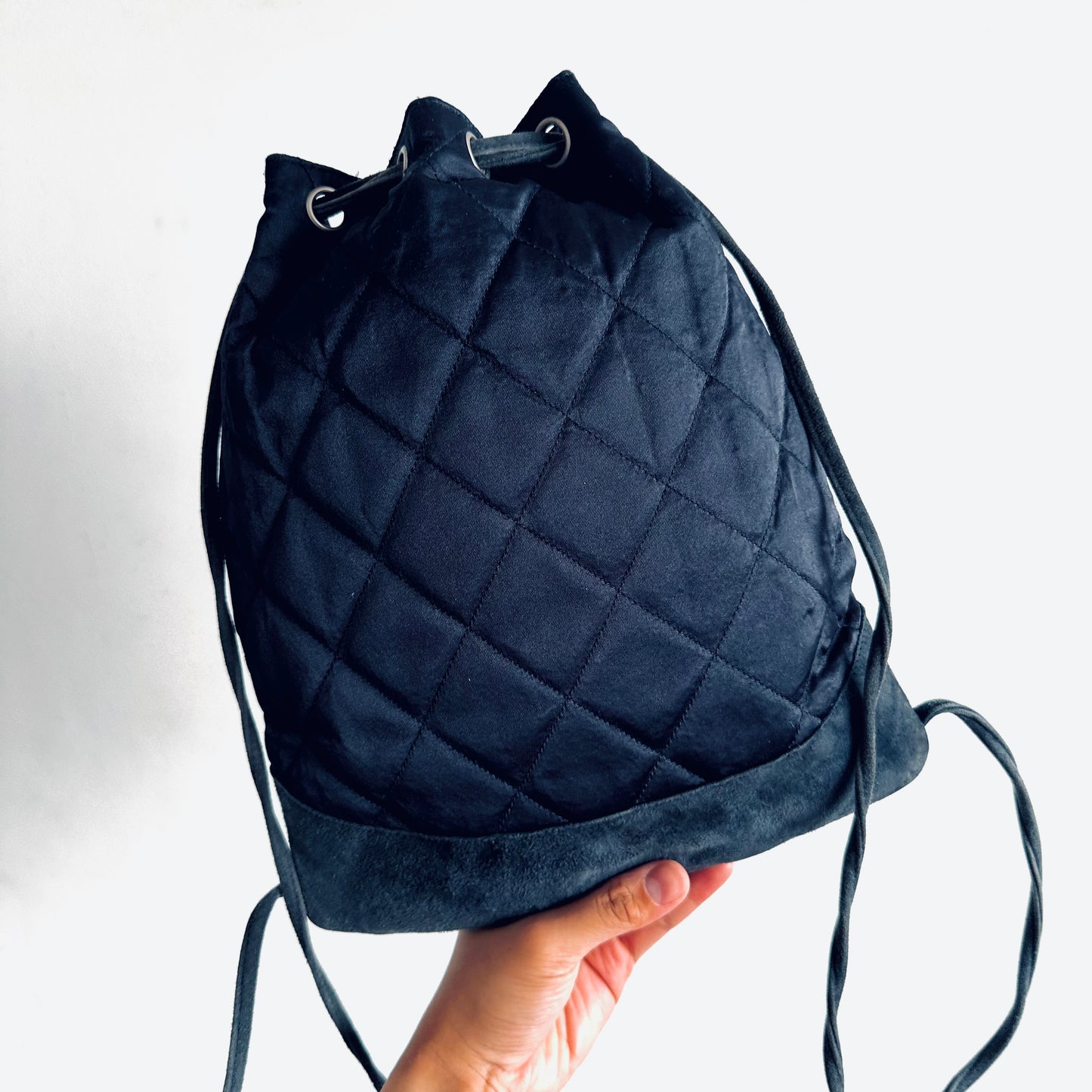 Chanel CC Navy Blue Monogram Logo Quilted Velvet Satin & Suede Bucket Drawstring Backpack Vintage Shoulder Sling Bag 6s
