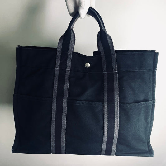 Hermes Navy Blue Herline Fourre Fool Toile MM Structured Shopper Tote Bag